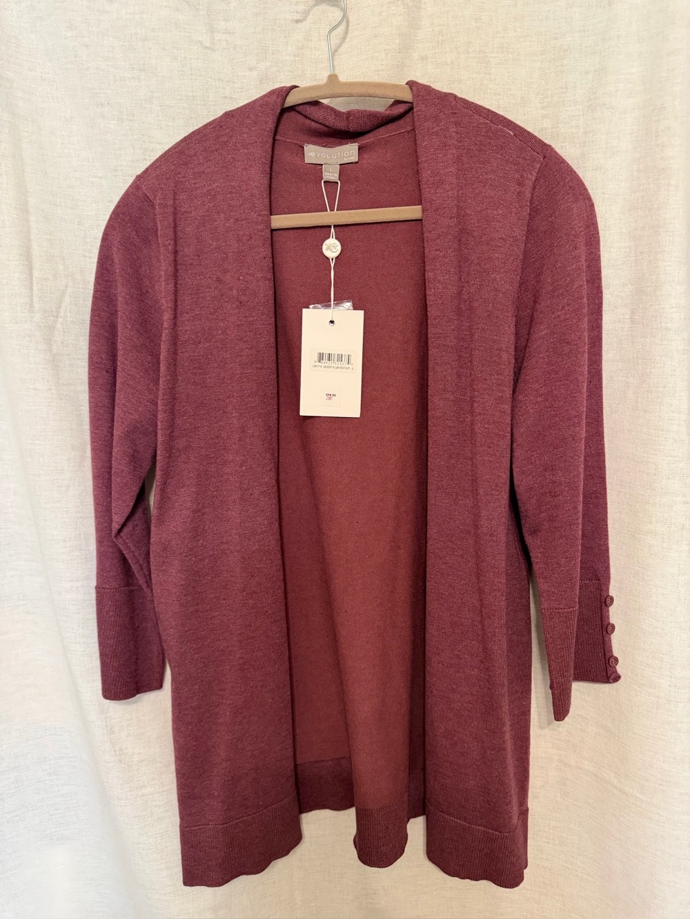 Evolution Open-Front Long Cardigan Sweater in Berry 3/4 sleeves